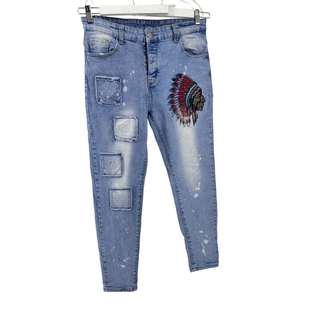 Falmer Heritage Jeans Mens 33x30‎ Embroidered Indian Headdress Patched Splatter